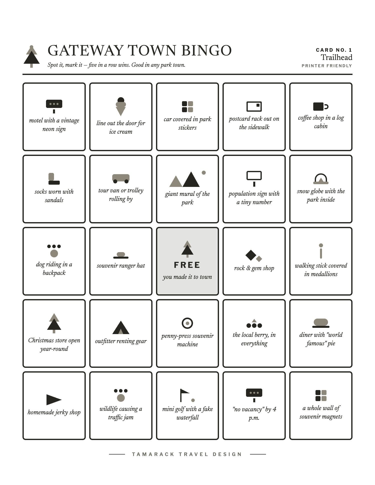 Gateway Town Bingo, card 1, black and white