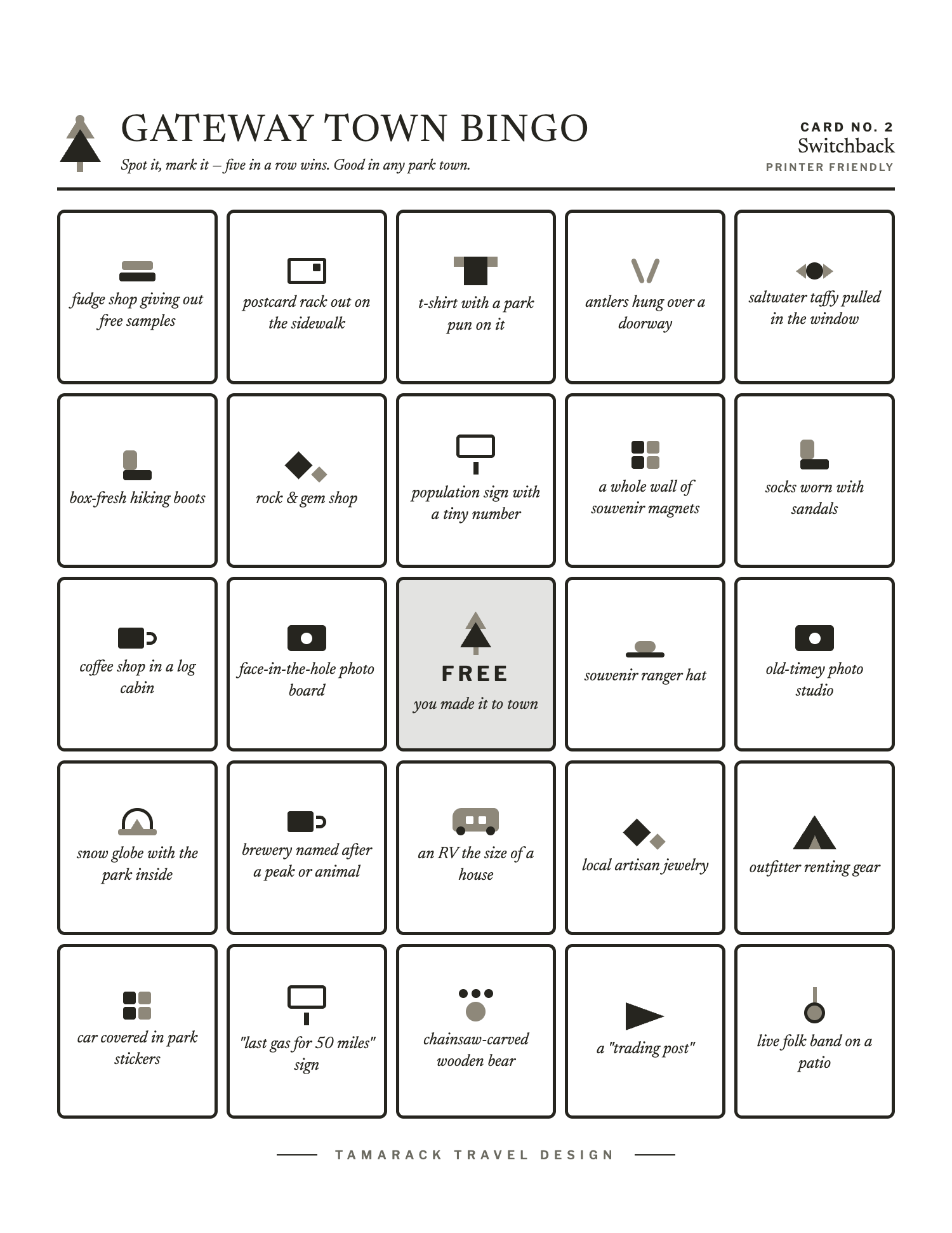 Gateway Town Bingo, card 2, black and white