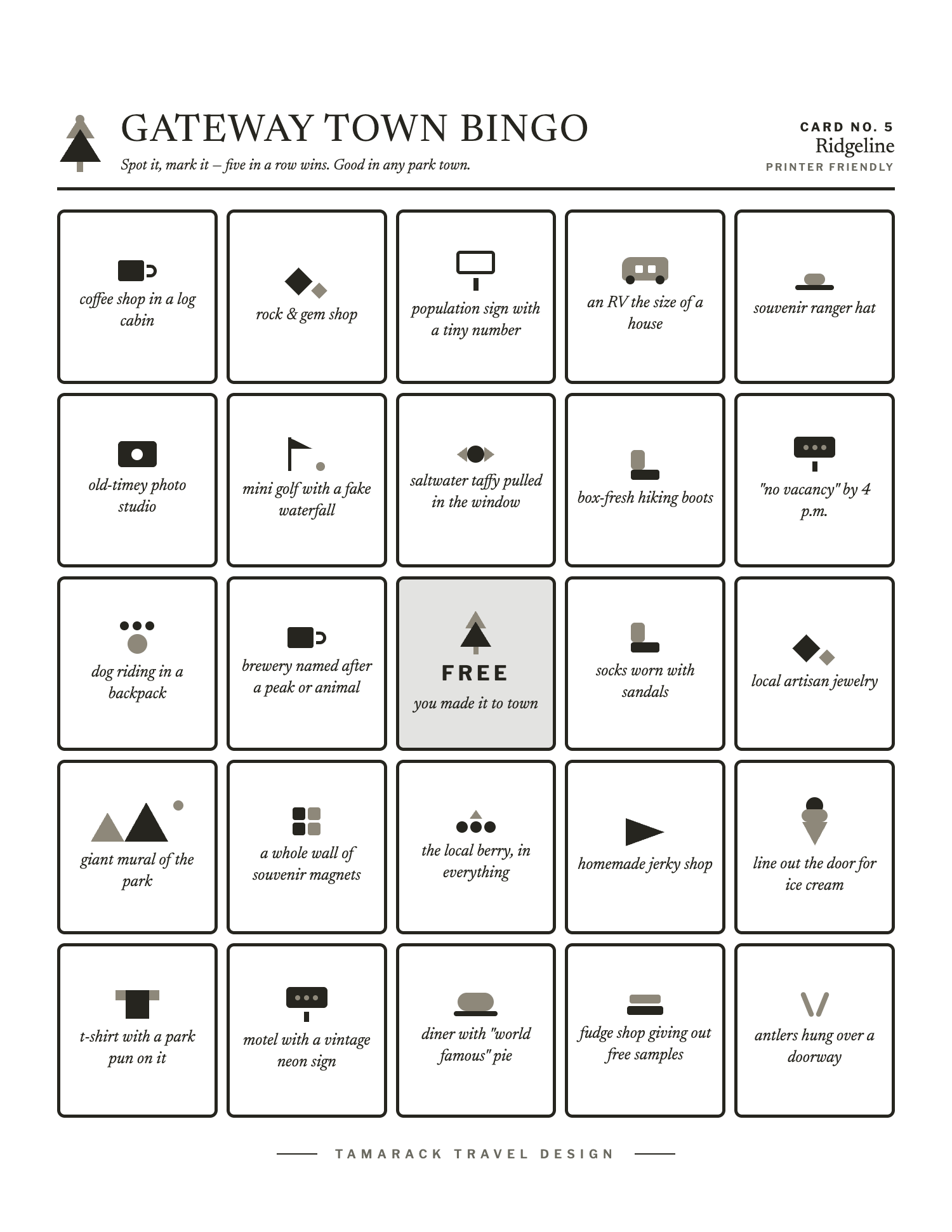 Gateway Town Bingo, card 5, black and white
