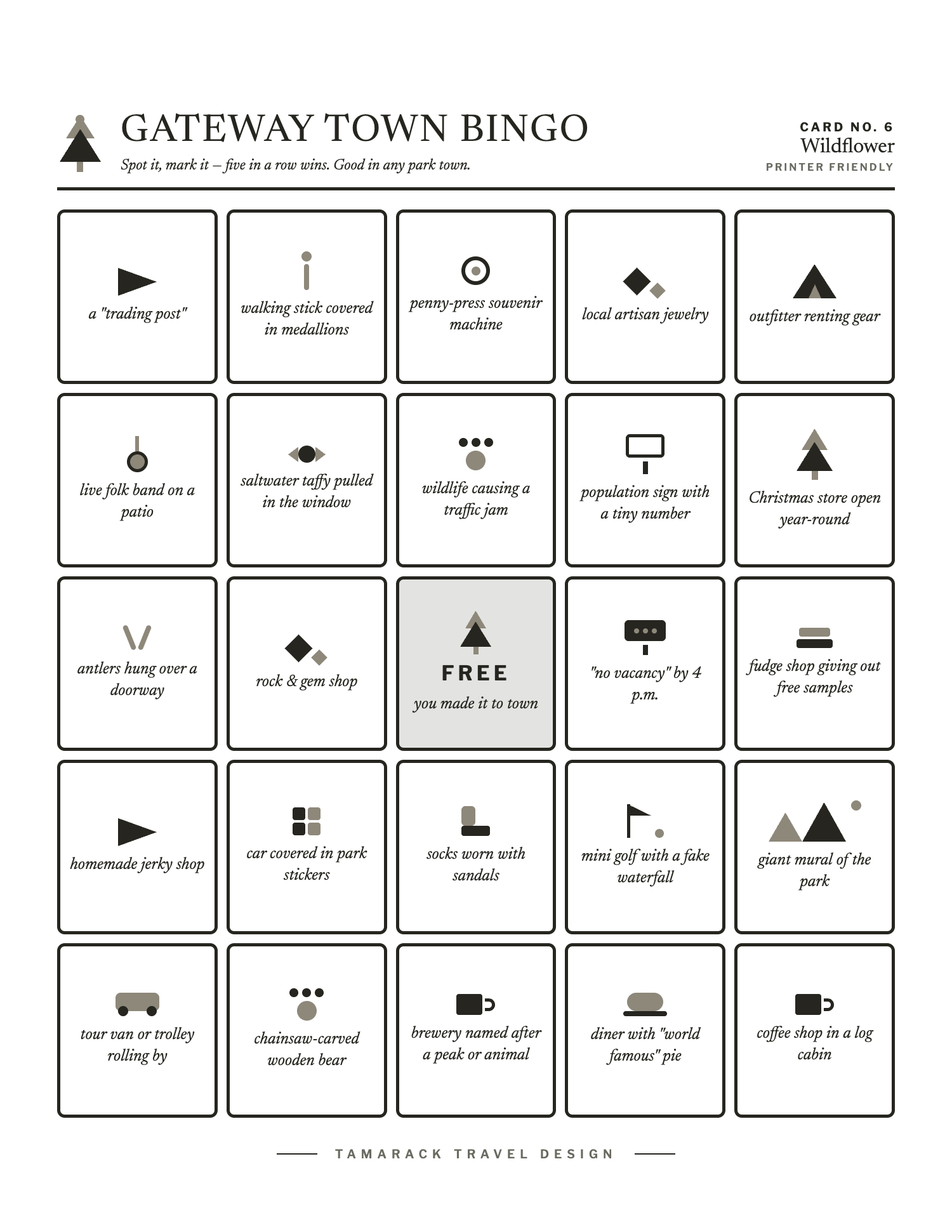 Gateway Town Bingo, card 6, black and white