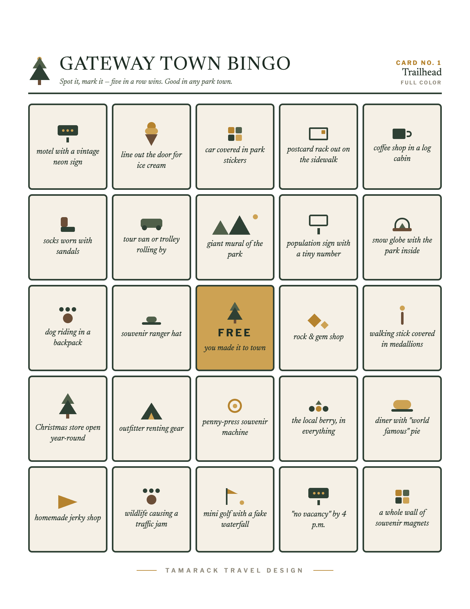 Gateway Town Bingo, card 1, full color